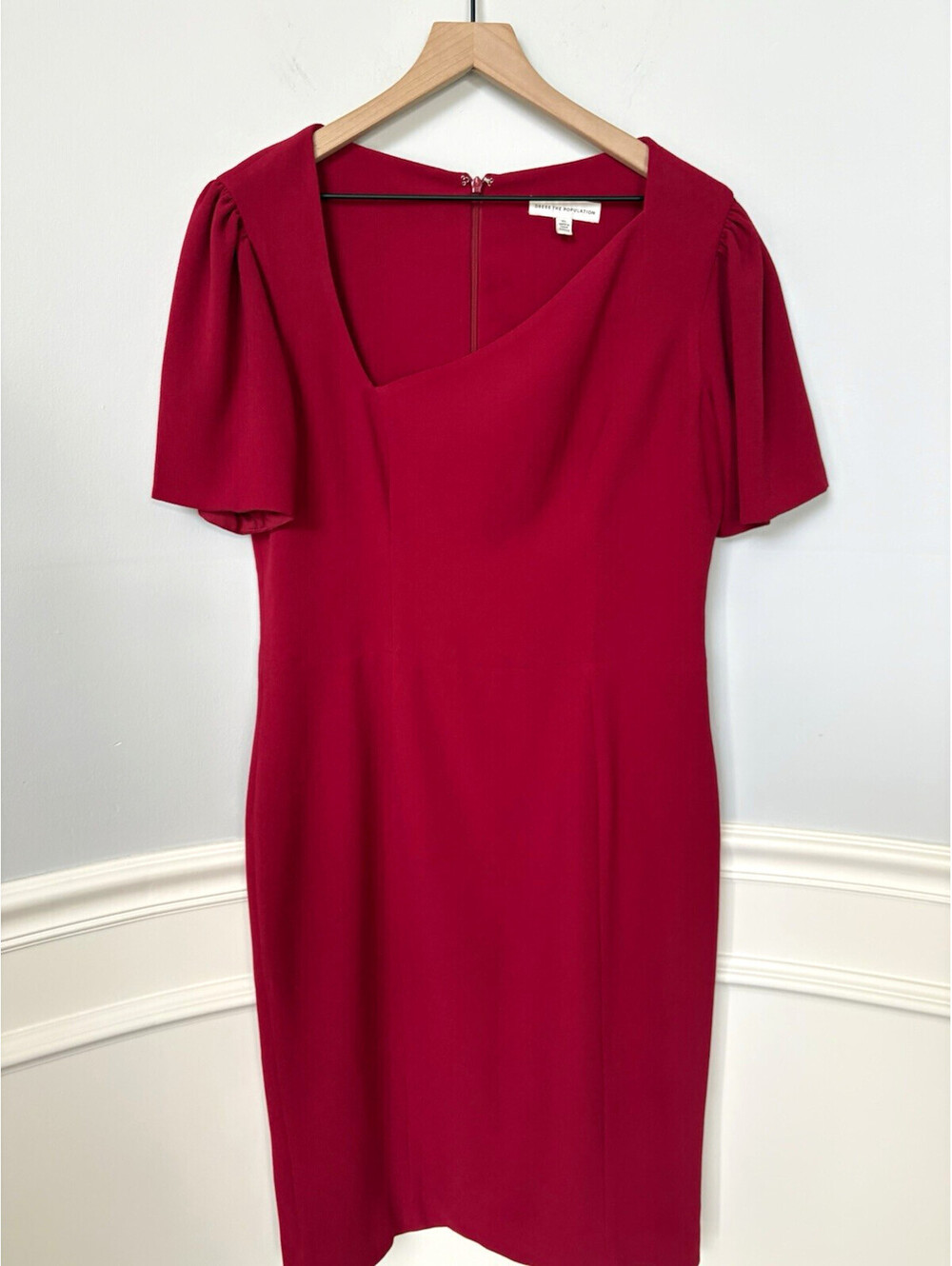 Dress the Population "Ruth" Asymmetric Neck Midi Dress Cherry Red XL